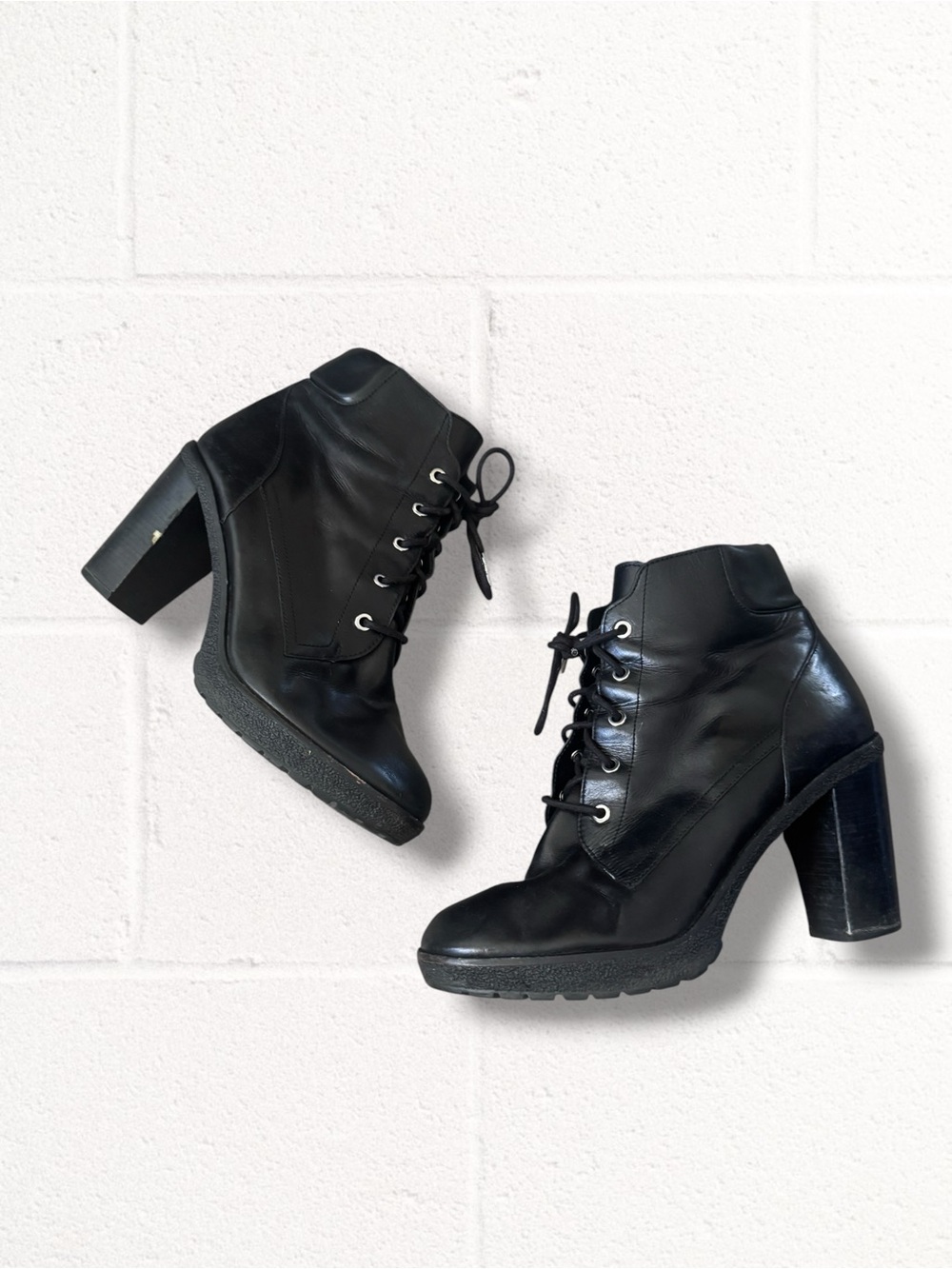 Michael Kors Leather Black Lace-Up Block Heel Ankle Boots, 11